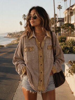 POL Corduroy Colorblock Cotton Shacket Jacket Oversized Boho Neutral Mustard M 💛